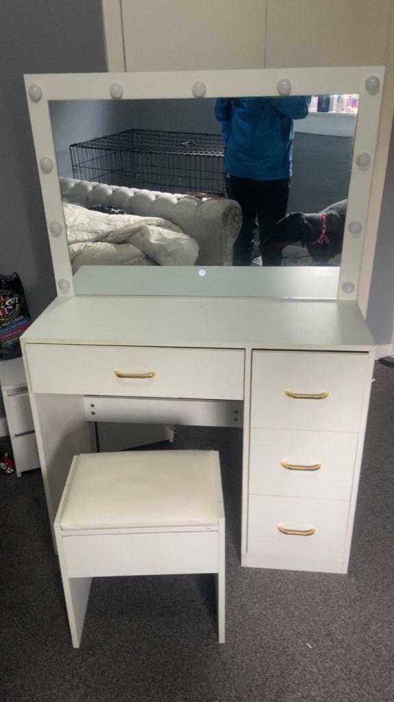 White Dressing Table with Mirror & Lights plus Stool