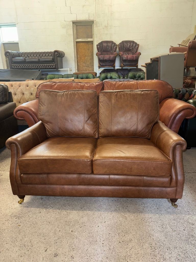 Harrington tan brown real leather two seater sofa