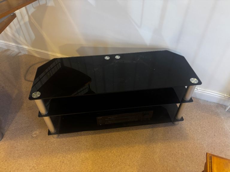 Black Glass TV Stand with Two Shelves – Good Condition