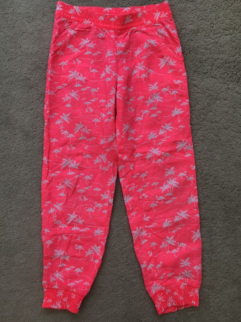 ‘H&M’ Girls Neon Pink Tropical Palm Trees Summer Trousers, Ages 5-6 Years