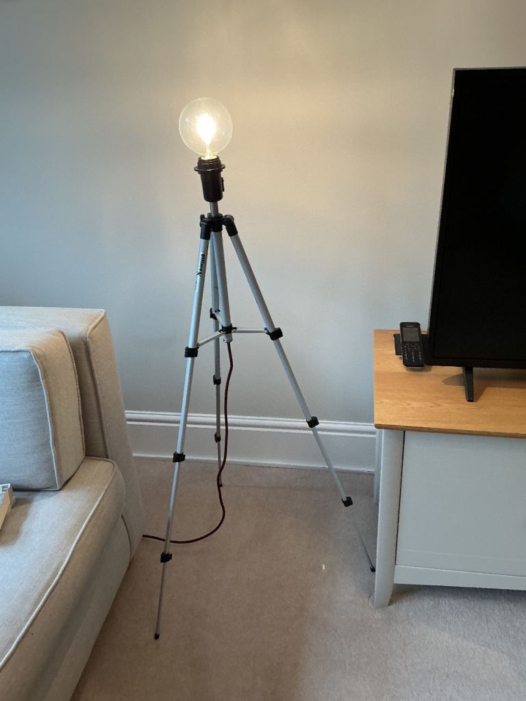 Converted Tripod Floor/ Table Lamp – Silver and black  . 
