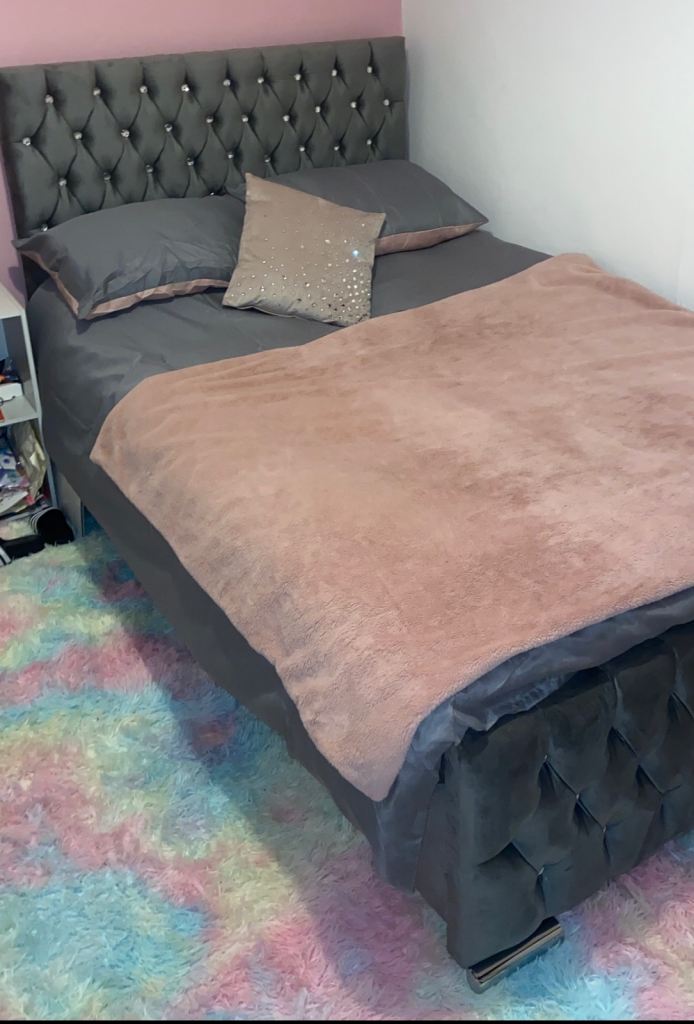 Grey plush small double bed frame