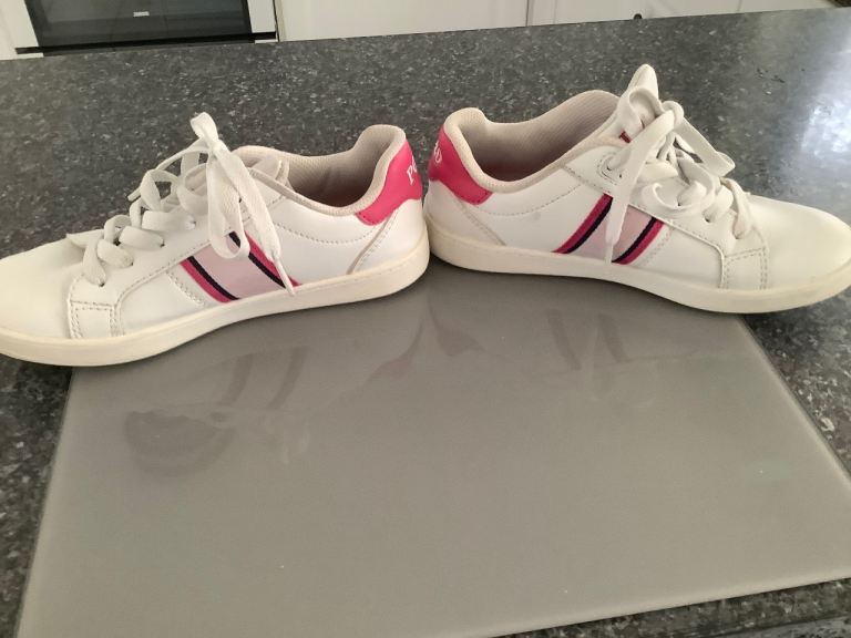 Polo Ralph Lauren Kids Trainers - White with Pink Stripes, UK Size 2