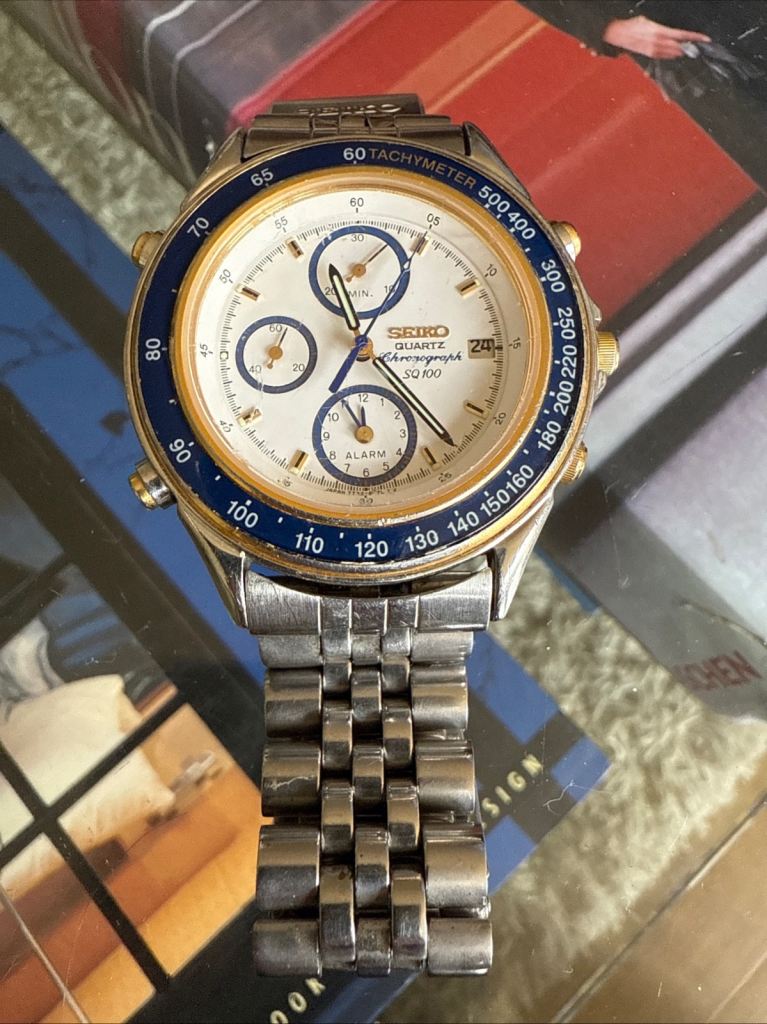 Rare Vintage Seiko Quartz Chronograph SQ100 7T32-6B5A Blue Bezel Two Tone Watch