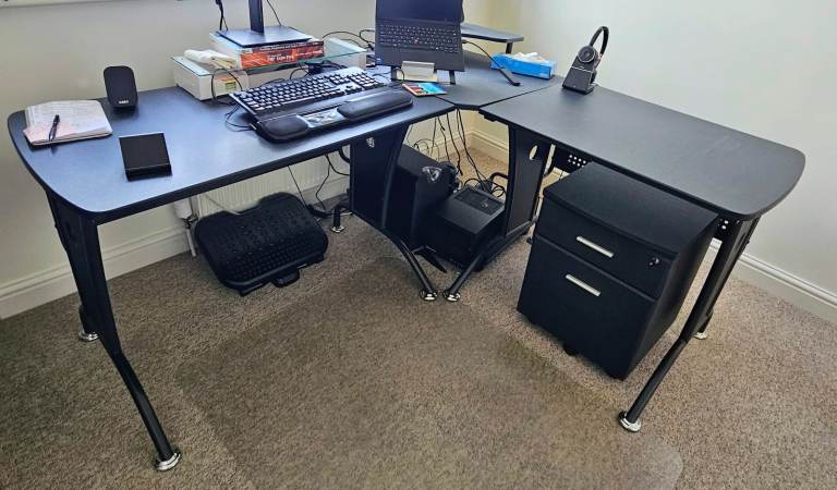 L-shaped desk, pedestal, bookshelf, PC stand and keyboard drawer - for sale