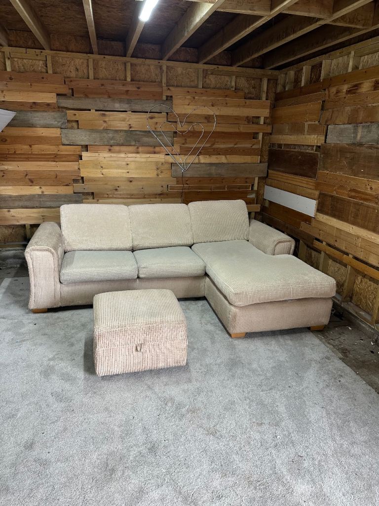 Beige corded corner sofa bed and footstool *free local drop off*