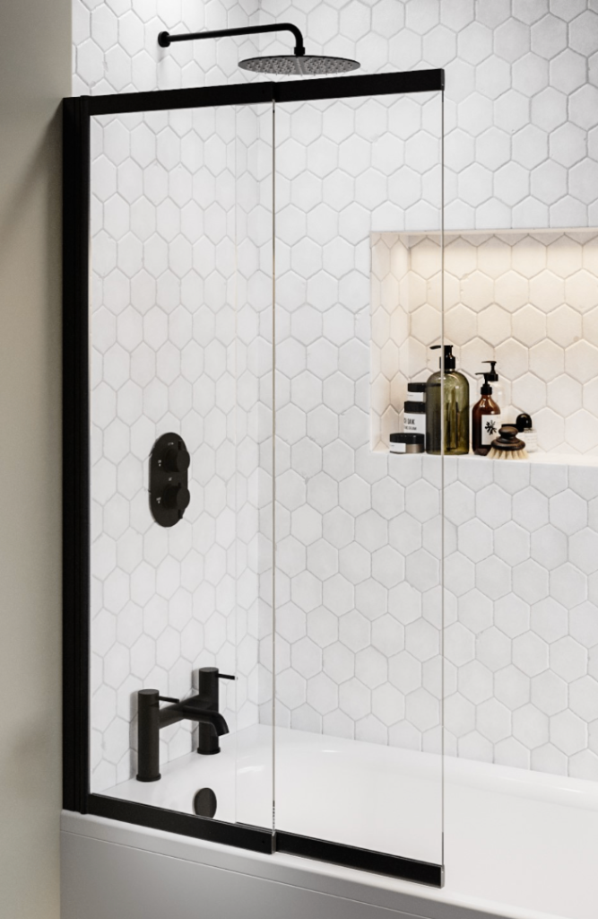 Matt Black Sliding Bath Screen Adjustable from 422mm to 800mm (W) & 1400 (H). NEW IN BOX - SEE NOTES