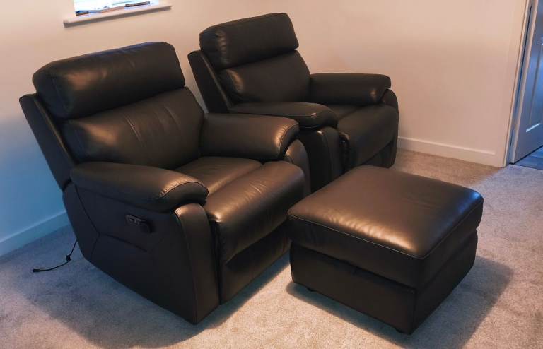  2 Dfs Clayton leather recliner chairs USB ports + storage foot stool