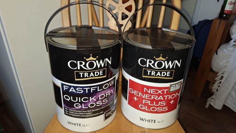 Crown Fast Flow Quick Dry Gloss, Crown Next Generation + Plus + , Dulux Trade Undercoat in dark grey