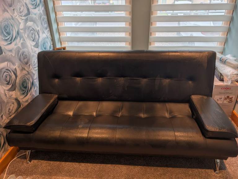 Black Faux Leather Sofa Bed - Fair Condition