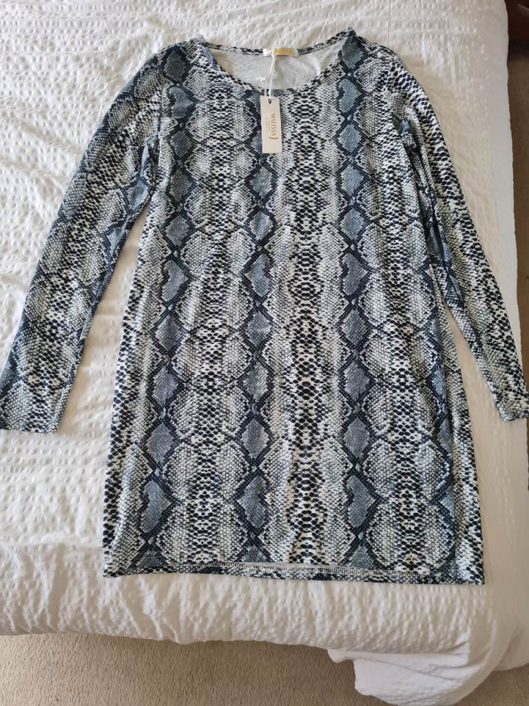 Malissa J Light Blue/Grey Snake Print Jersey Tunic Dress Long Sleeve