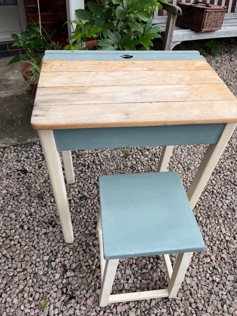 Vintage upcycled Solid Wooden Desk with stool (duck egg blue and cream) 