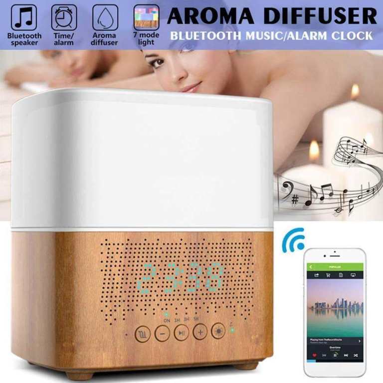 Smart Oil Diffuser + Bluetooth Speaker + Digital Alarm Clock + 7 LED Therapy Night Light