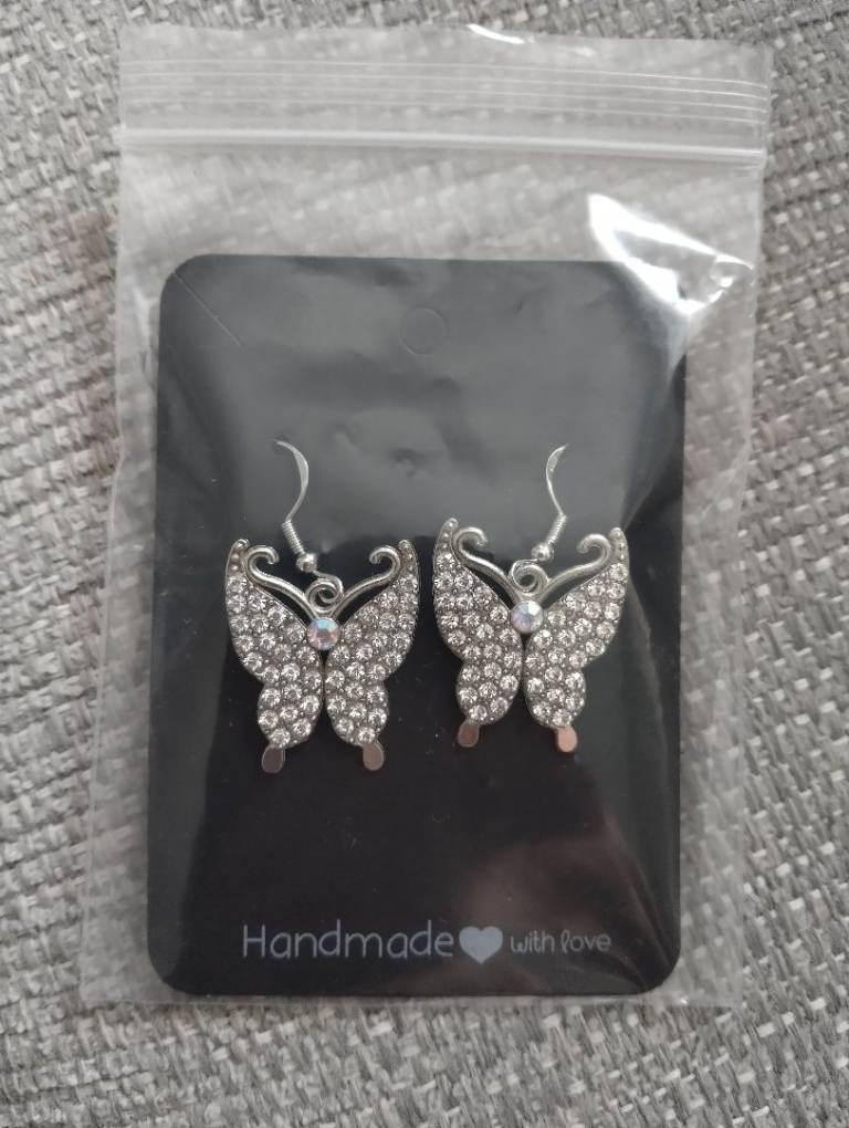 New Silver Butterfly Earrings with Rhinestones