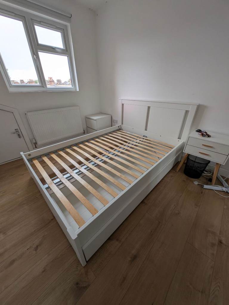  IKEA White Double Bed Frame with Slats/Storage – Good Condition