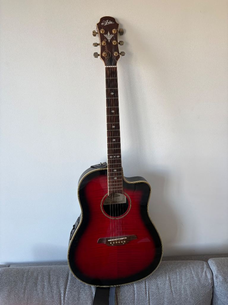 Aria Acoustic Guitar – Red/Black Sunburst, Good Condition
