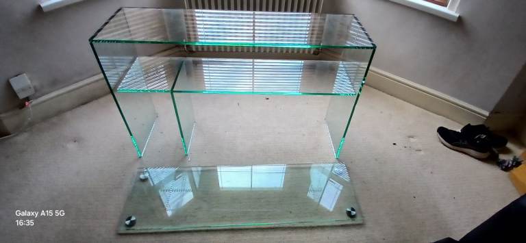 Glass Console Table with Two Shelves – Needs Repair