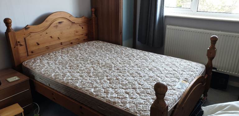 Free solid Pine Double Bed Frame with Mattress – Good Condition