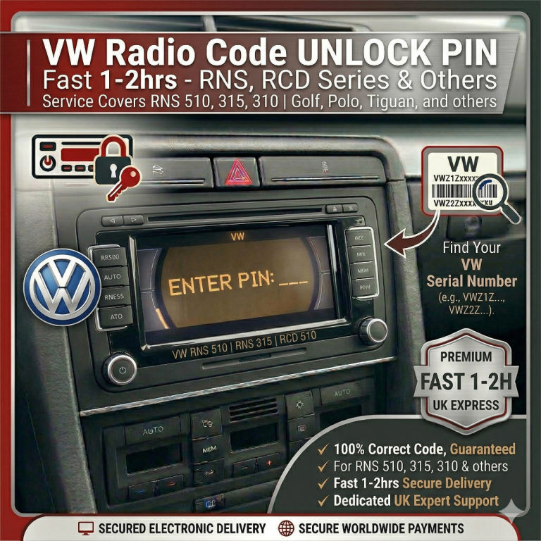 VW Radio Code UNLOCK PIN - Fast 1-2hrs - RNS RCD 510 315 310 Golf Polo Tiguan