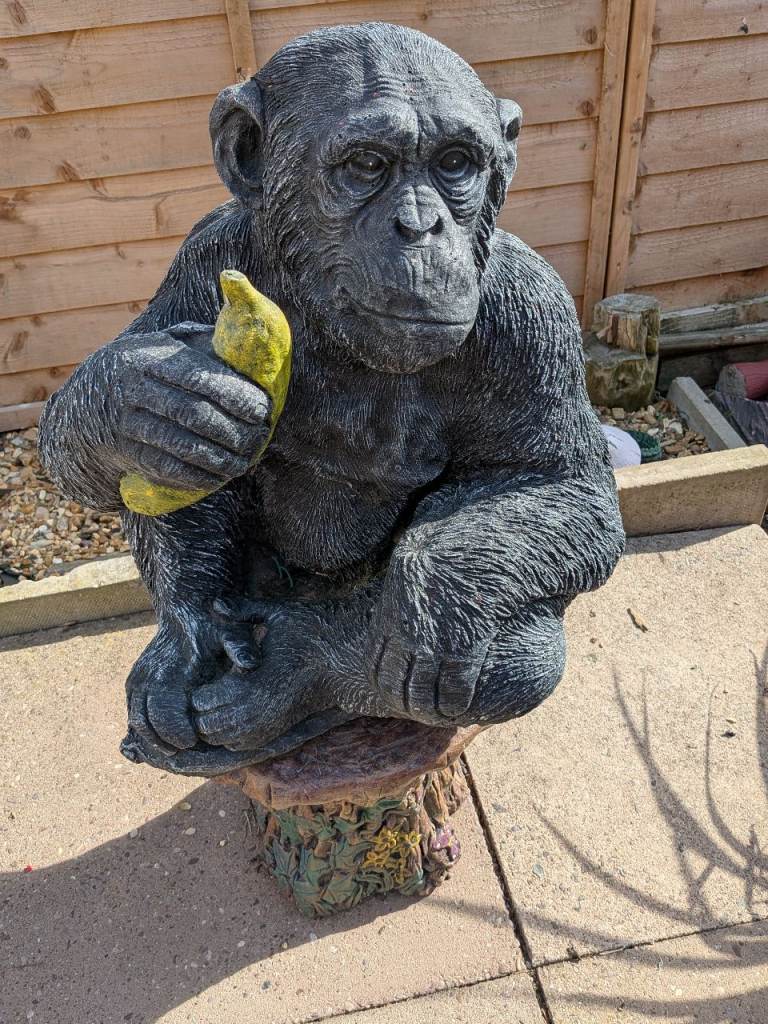 Garden Chimp Ornament – Grey Statue, Excellent Condition