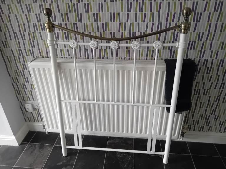 single White Metal Headboard with Brass Finials