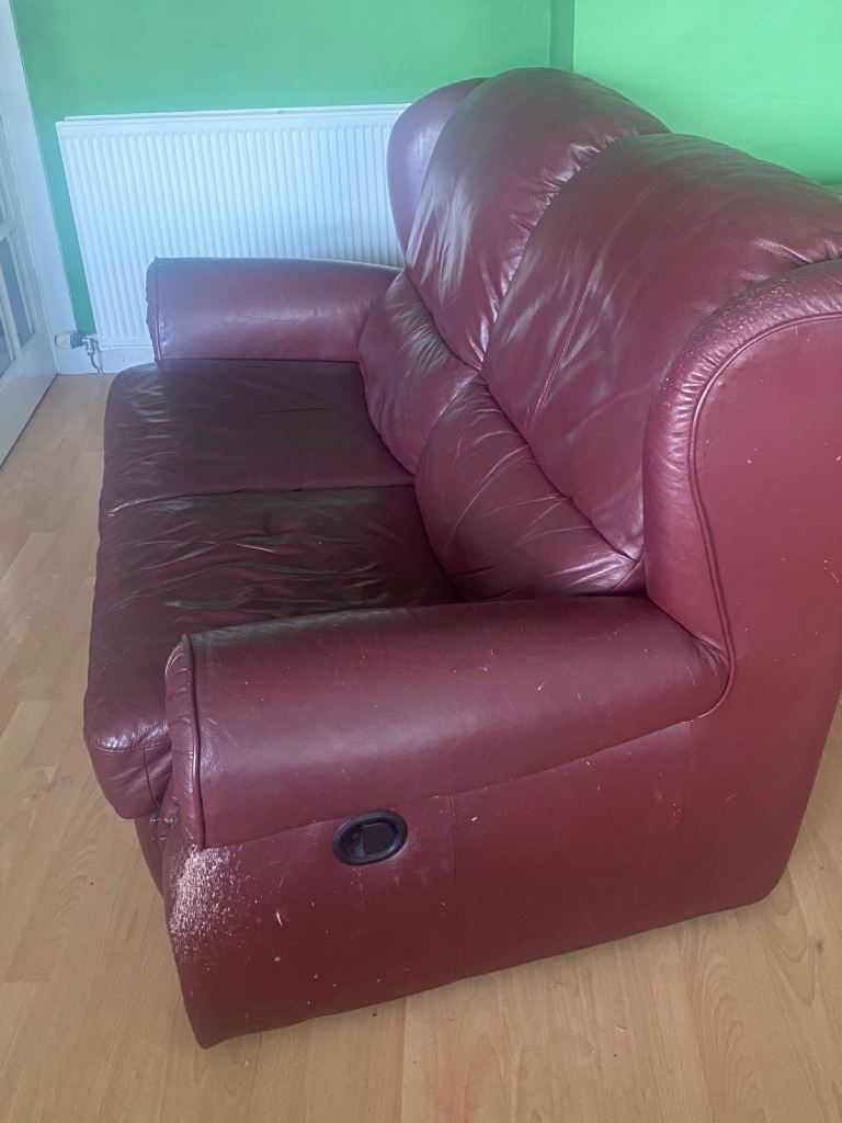 Red Leather Two-Seater Recliner Sofa – Fair Condition