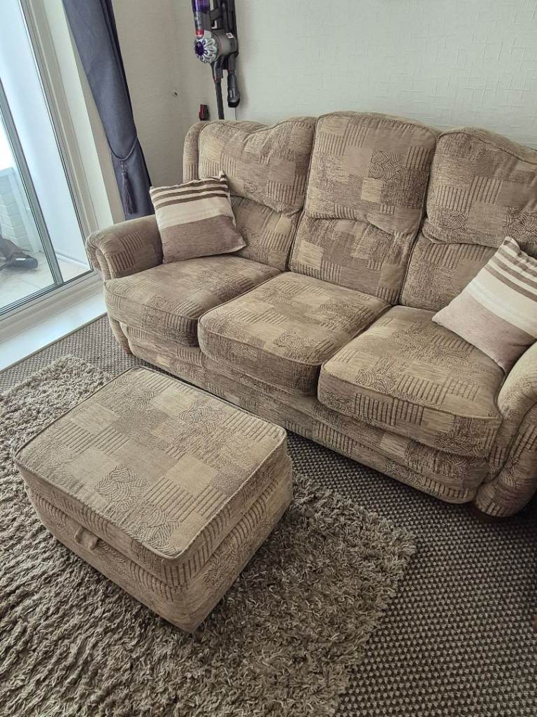 Beige Fabric Sofa Set: 3-Seater, Armchair & Storage Footstool