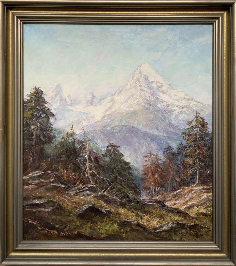 Large Superb Alpine Mountainous Forest Oil Painting - Signed