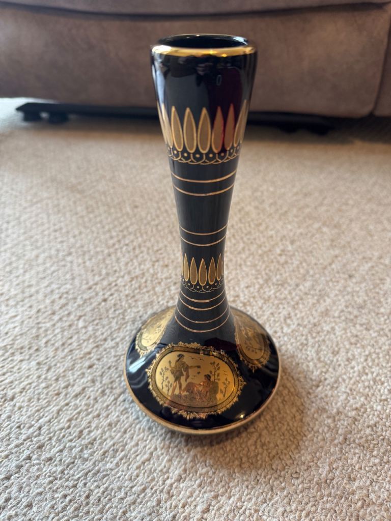 Vintage Greek 24K Gold & Black Ceramic Vase Set - Handmade in Greece