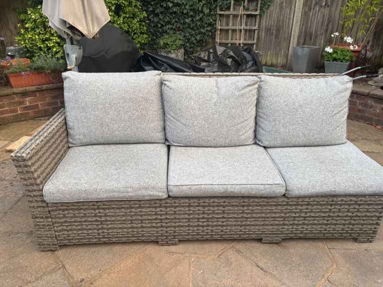 Outdoor Rattan Sofa with Grey Cushions