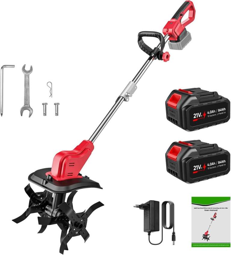 Qbiower Cordless Garden Tiller Cultivator 21V, 550W, 2 x 4.0Ah Batteries, 30cm  Width, 22cm Depth