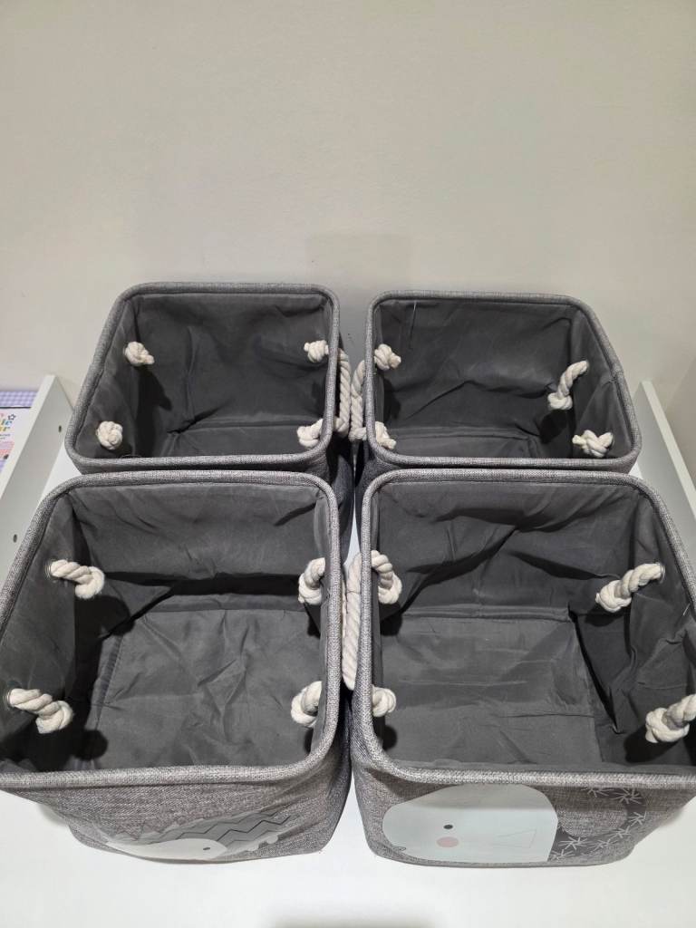 Set of 4 Grey Fabric Storage Baskets with Animal Designs – As Good As New