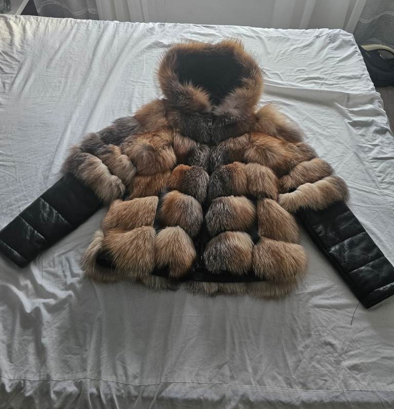 Stunning Multicoloured Faux Fur Coat with Leather Sleeves & Hood