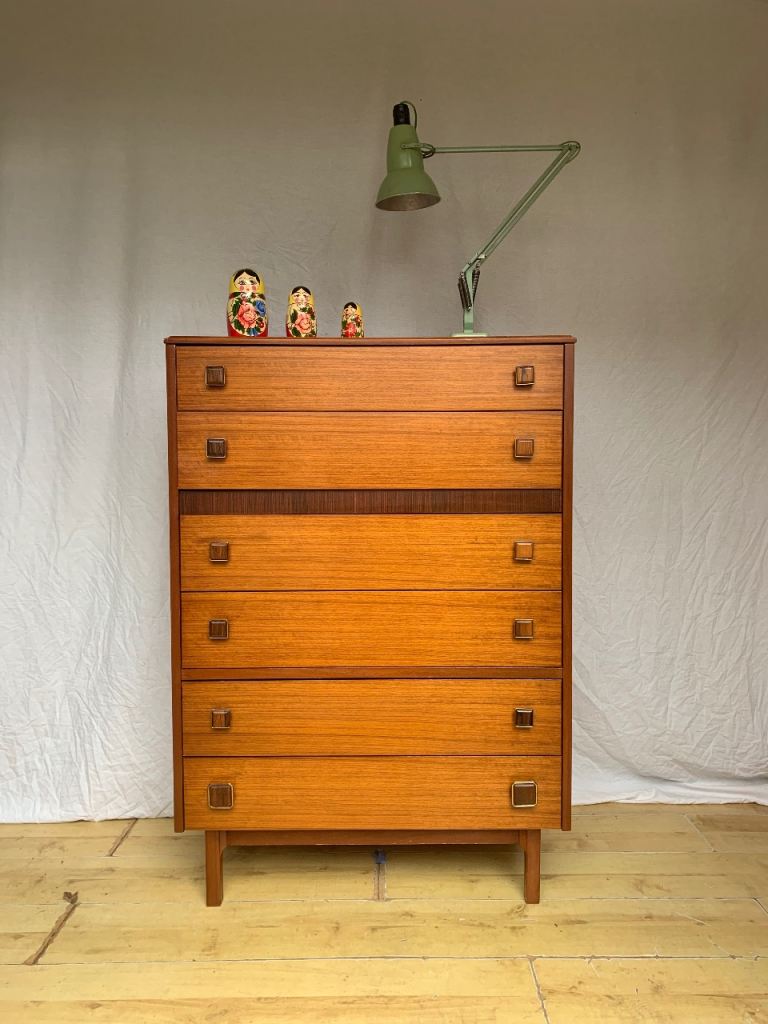 Vintage 1960s mid century tallboy chest of drawers teak 