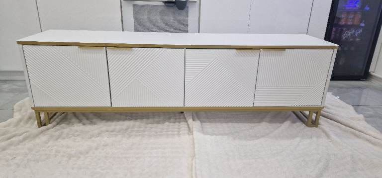 Modern White TV Unit / Sideboard with Gold Trim