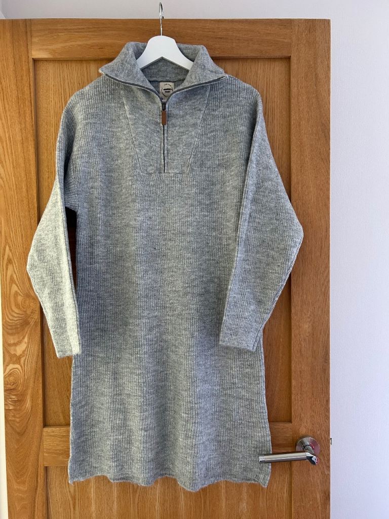 New - River Island Grey Ribbed Half-Zip Jumper Dress - Size S, Brand New 