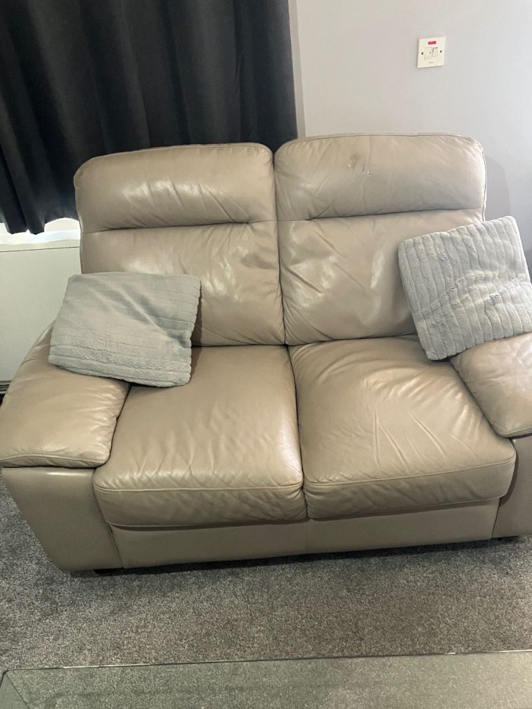 Creamy Beige Leather Two-Seater Sofa - Good Condition
