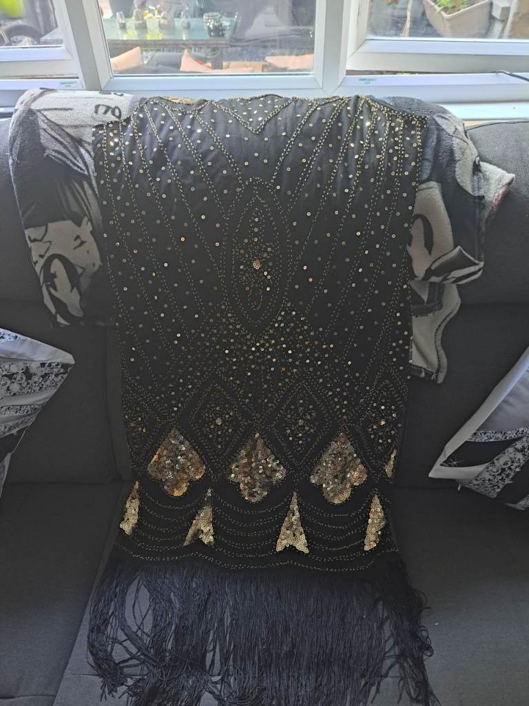 Black Flapper Style Dress with Gold Sequins and Fringe – Good Condition