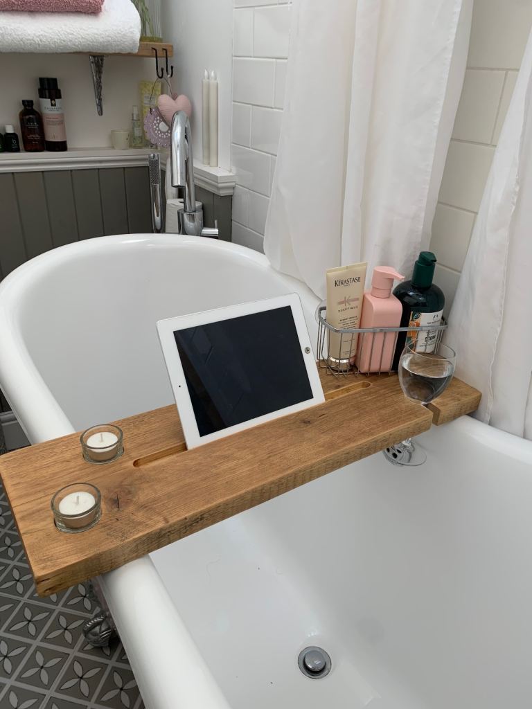 Wooden Bath Caddy Tray – Holds Tablet, Candle, Glass