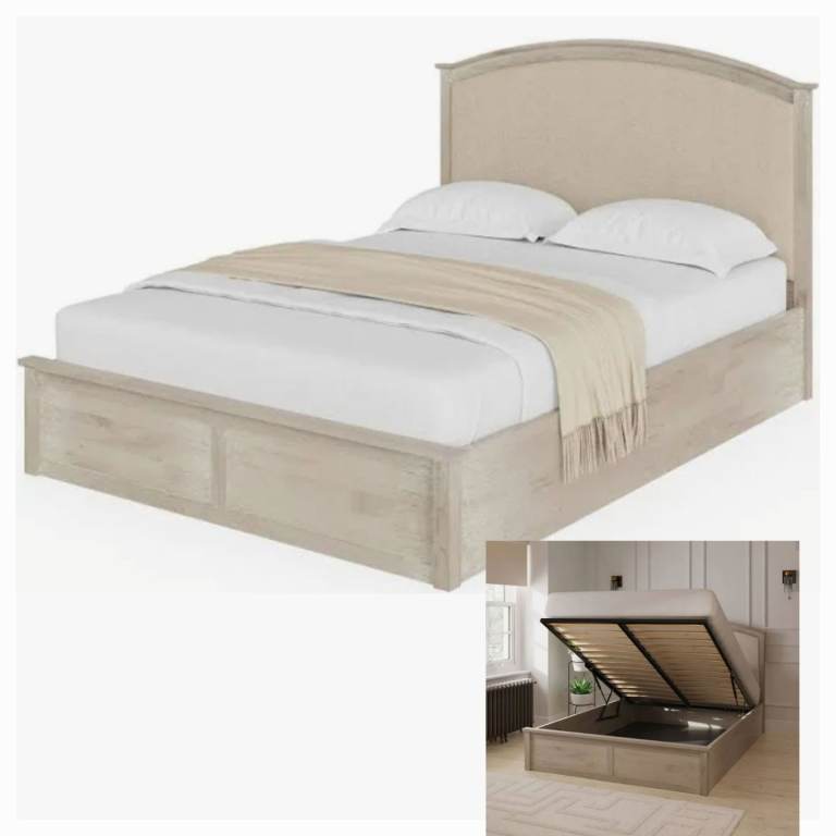 Brand new ARMORY UPHOLSTERED OTTOMAN BED - LIMED OAK FABRIC, 150CM KING SIZE.. can deliver