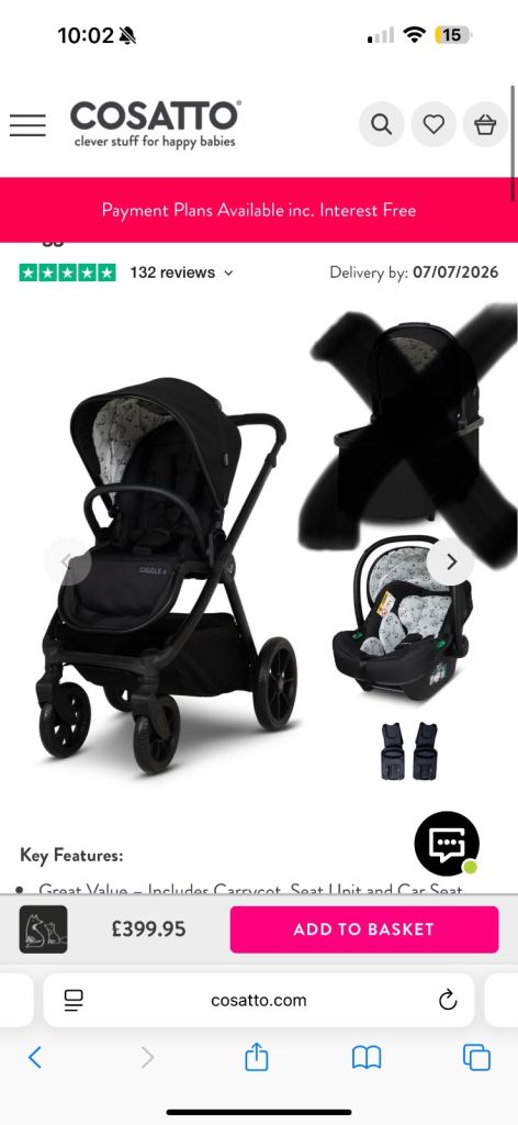 COSATTO Travel System Pushchair and Car Seat - Black, Great Condition