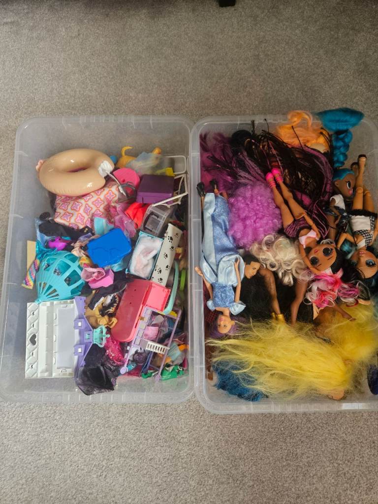 Large Box of Dolls and Doll Accessories – Good Condition