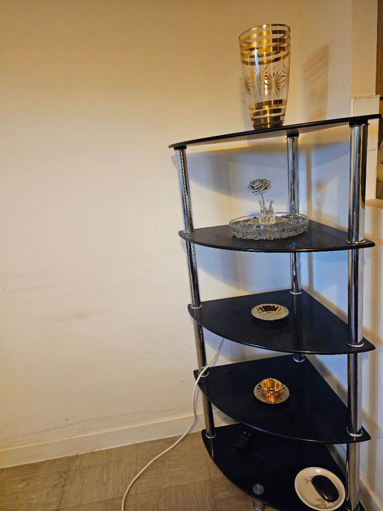 Glass Shelf with Chrome Stand Corner Storage Shelving Unit Height 130cm 