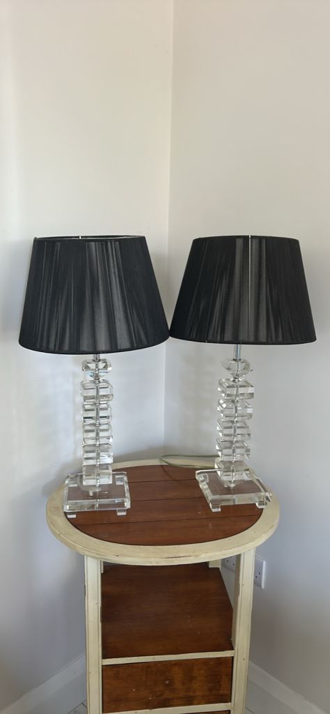 Pair of Crystal Base Lamps with Black Shades – Good Condition