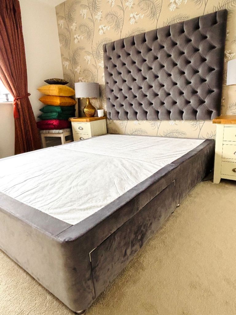 King size dark grey velvet bed base with matching headboard