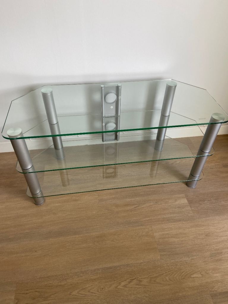Glass TV Stand with Silver Legs – Good Condition