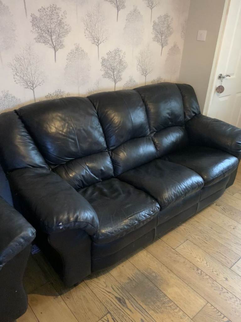 image for Black leather sofa, single & recliner. 