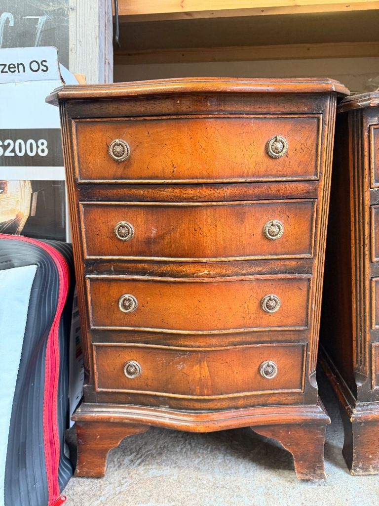 Two bow front Hard wood bedside tables 