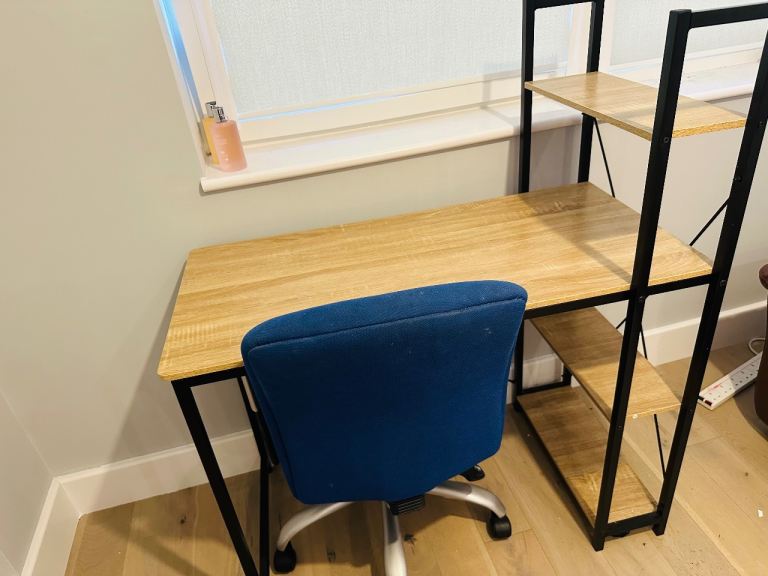 Computer Desk with Shelves and Blue Office Chair