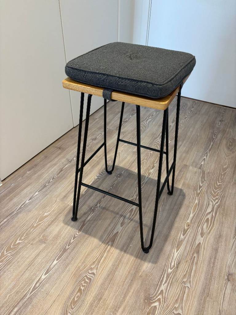 Pair of Heal’s Brunel Bar Stools – Rob Scarlett – Solid Oak & Black Steel – Discontinued